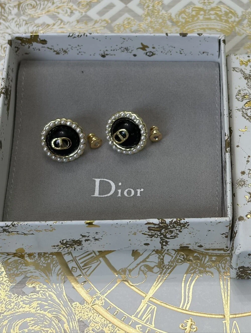 Dior Black Pearl-Trim CD Earrings